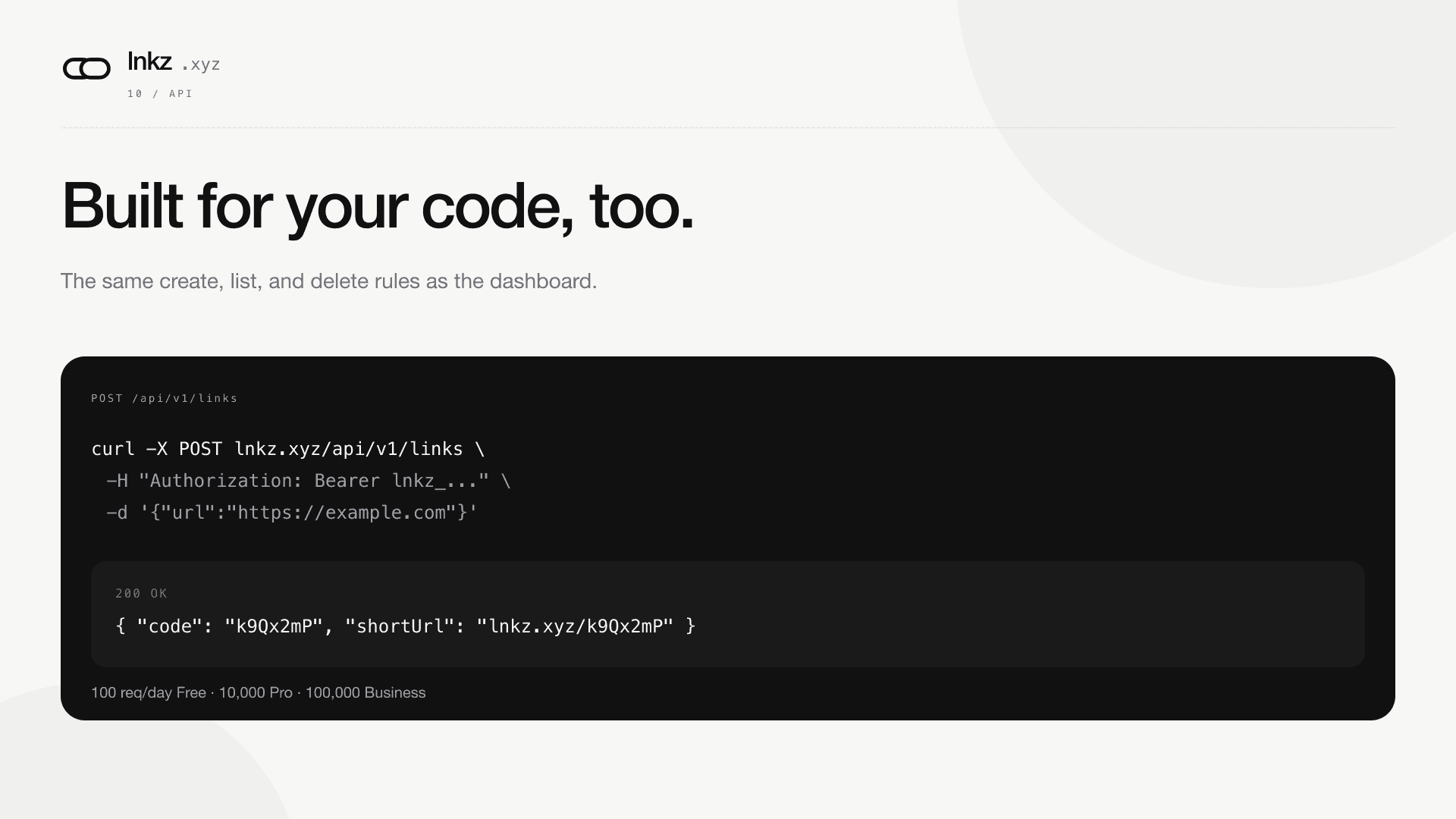 A curl request to the lnkz.xyz API next to its JSON response and per-plan daily request limits
