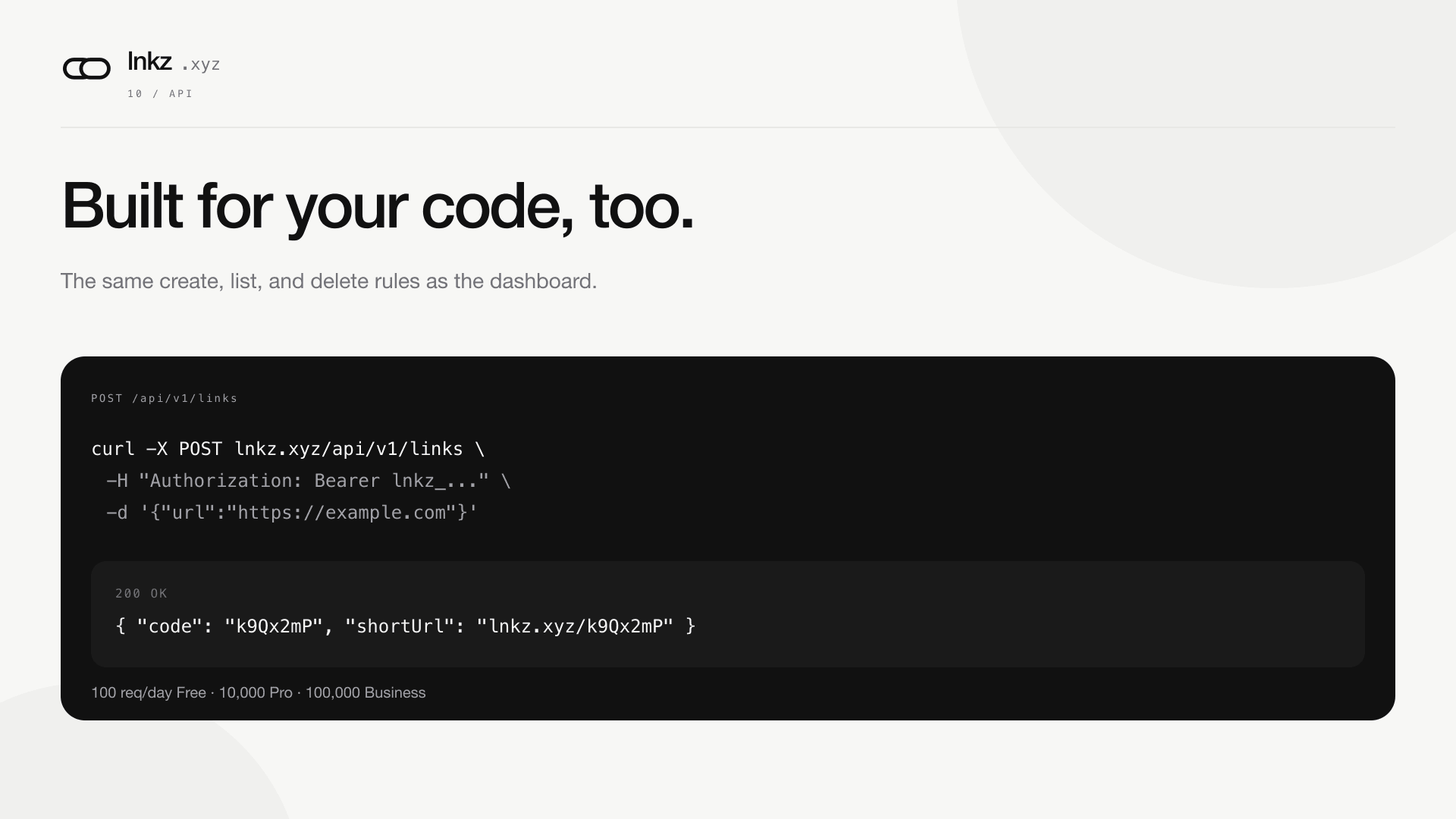 A curl request to the lnkz.xyz API next to its JSON response and per-plan daily request limits